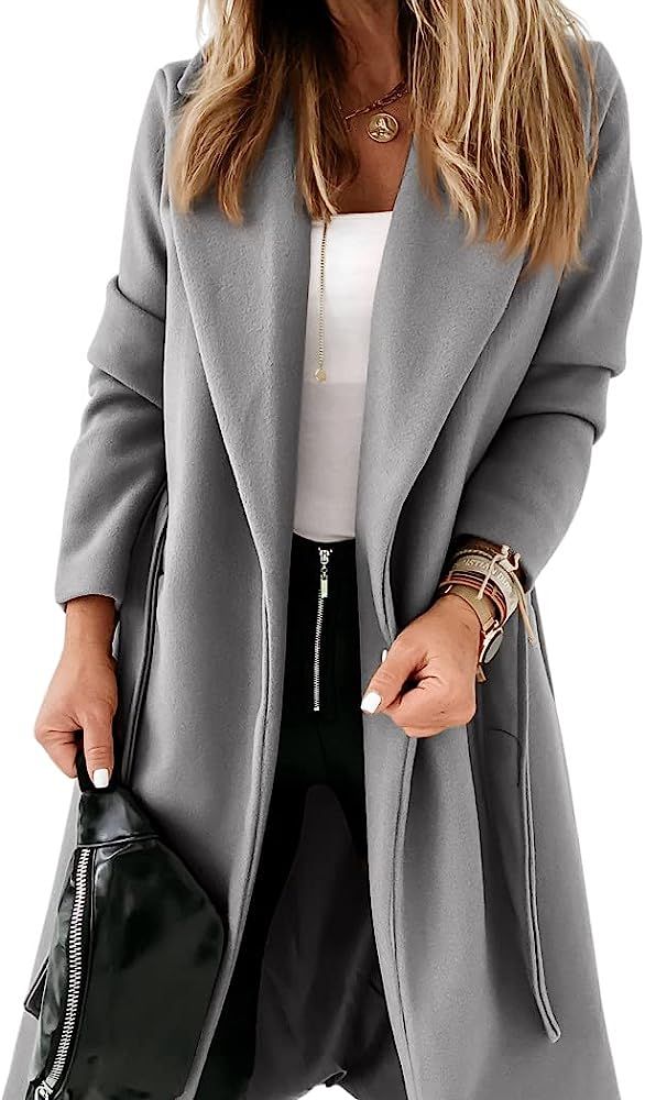 Womens Classic Coat Lapel Collar Open Front Belted Long Jacket | Amazon (US)