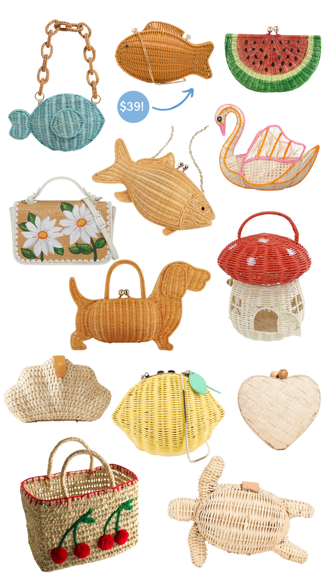 Fun, whimsical wicker handbags! I rounded up some of my favorite for summer.

wicker, wicker handbags, handbags, shell bag, fish bag, watermelon bag, swan bag, floral bag, lemon bag, raffia, rattan, woven handbags, purse, summer bag, spring bag, classic style  

 #LTKStyleTip #LTKItBag