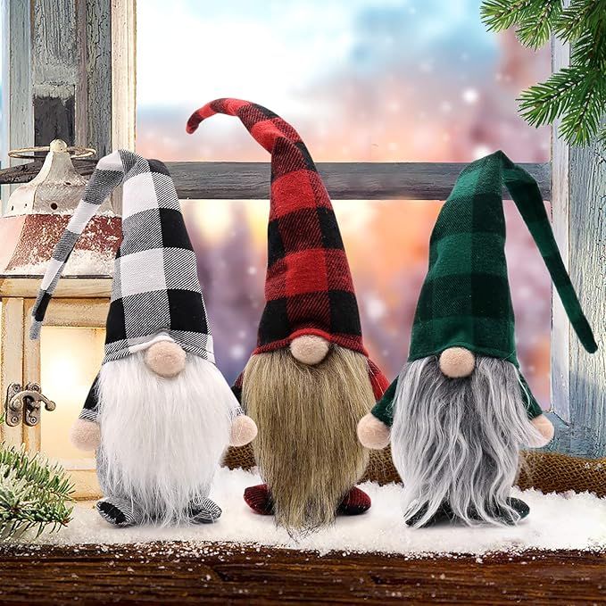CiyvoLyeen Set of 3 Buffalo Plaid Swedish Santa Gnomes Winter Plush Elf Dwarf Handmade Tomte Niss... | Amazon (US)