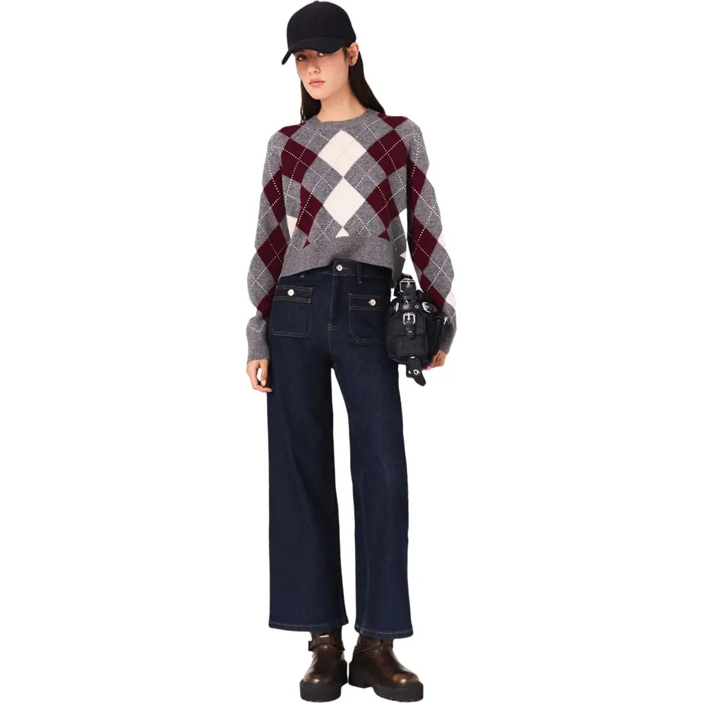 maje Cropped argyle pattern sweater in Gray /Burgundy /Ecru at Nordstrom, Size Medium | Nordstrom