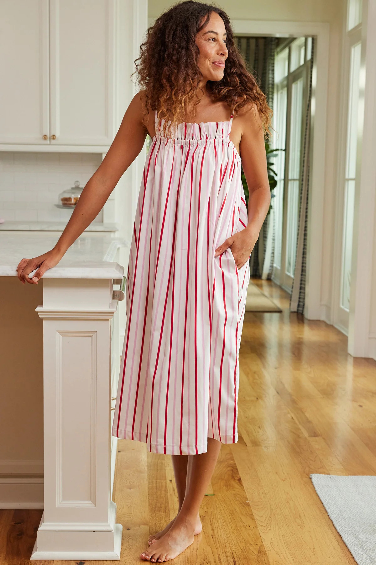 Poplin Ruffle Midi Nightgown in Candy Stripe | Lake Pajamas