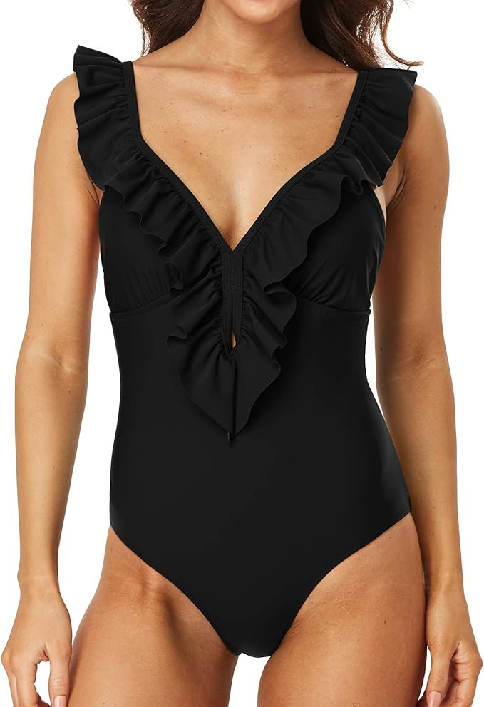 SOCIALA Womens Ruffle Cut Out One Piece Swimsuits Strappy Monokinis Swimwear Bathing Suits | Amazon (US)