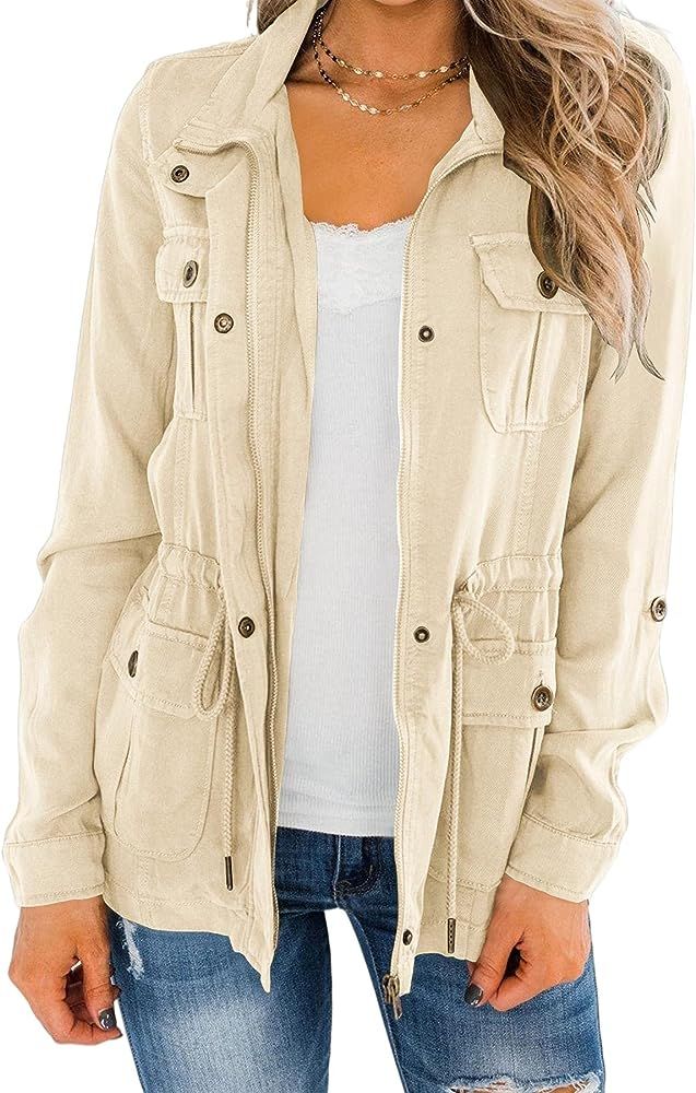 Womens Military Anorak Jacket Zip Up Snap Button Parka Safari Utility Coat Outwear with Pockets | Amazon (US)