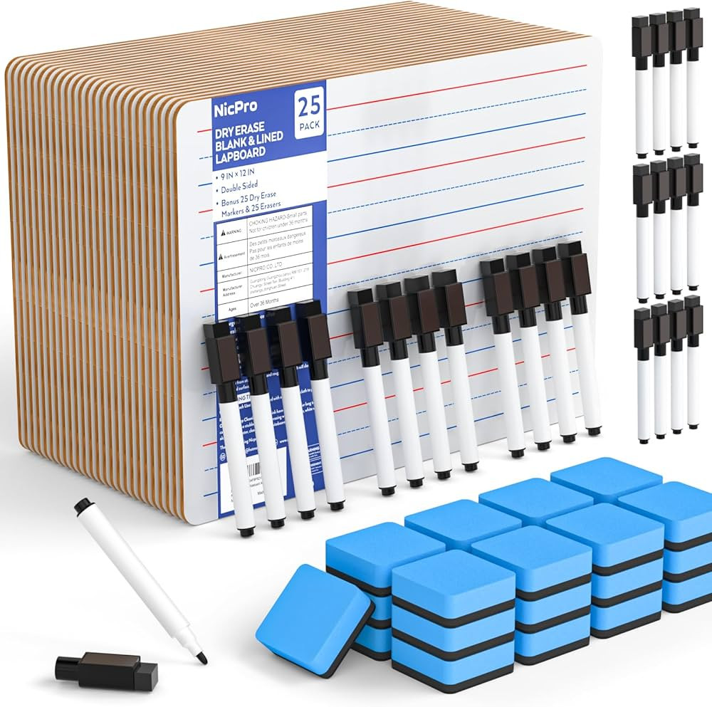 Nicpro 25 Pack Dry Erase Mini Whiteboard - Lined/Plain,9 x 12 Double Sided Lapboard Bulk with 25 ... | Amazon (CA)