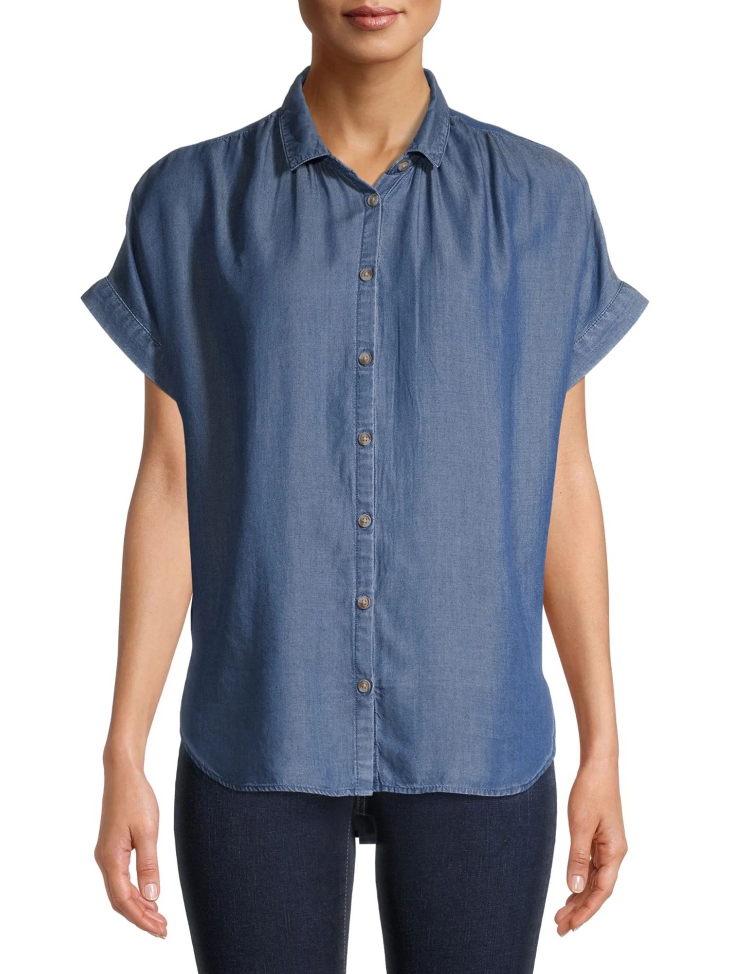 Time and Tru Women's Short Sleeve Button Front Shirt | Walmart (US)