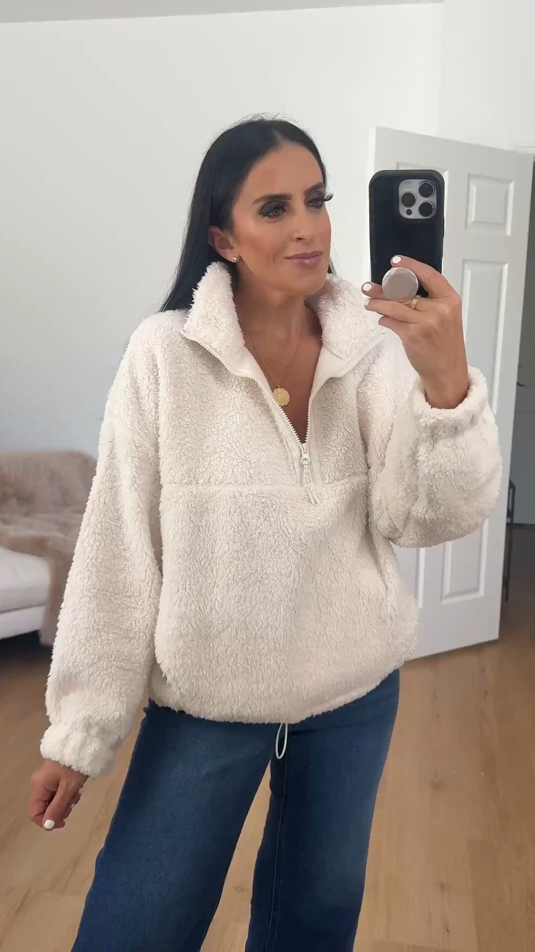 Walmart beige Sherpa fleece no boundries plush half zip pullover wearing size large only $10. Comes in ten colors 