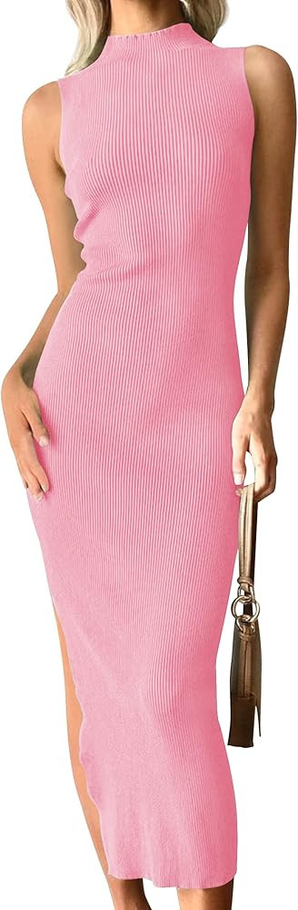 ZESICA Women's 2023 Summer Knitted Sweater Dress Sleeveless Mock Neck Ribbed Side Slit Bodycon Ta... | Amazon (US)