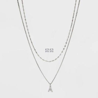 Silver Plated Cubic Zirconia Stud Earring and Initial Multi-Strand Chain Necklace Set 2pc - A New... | Target