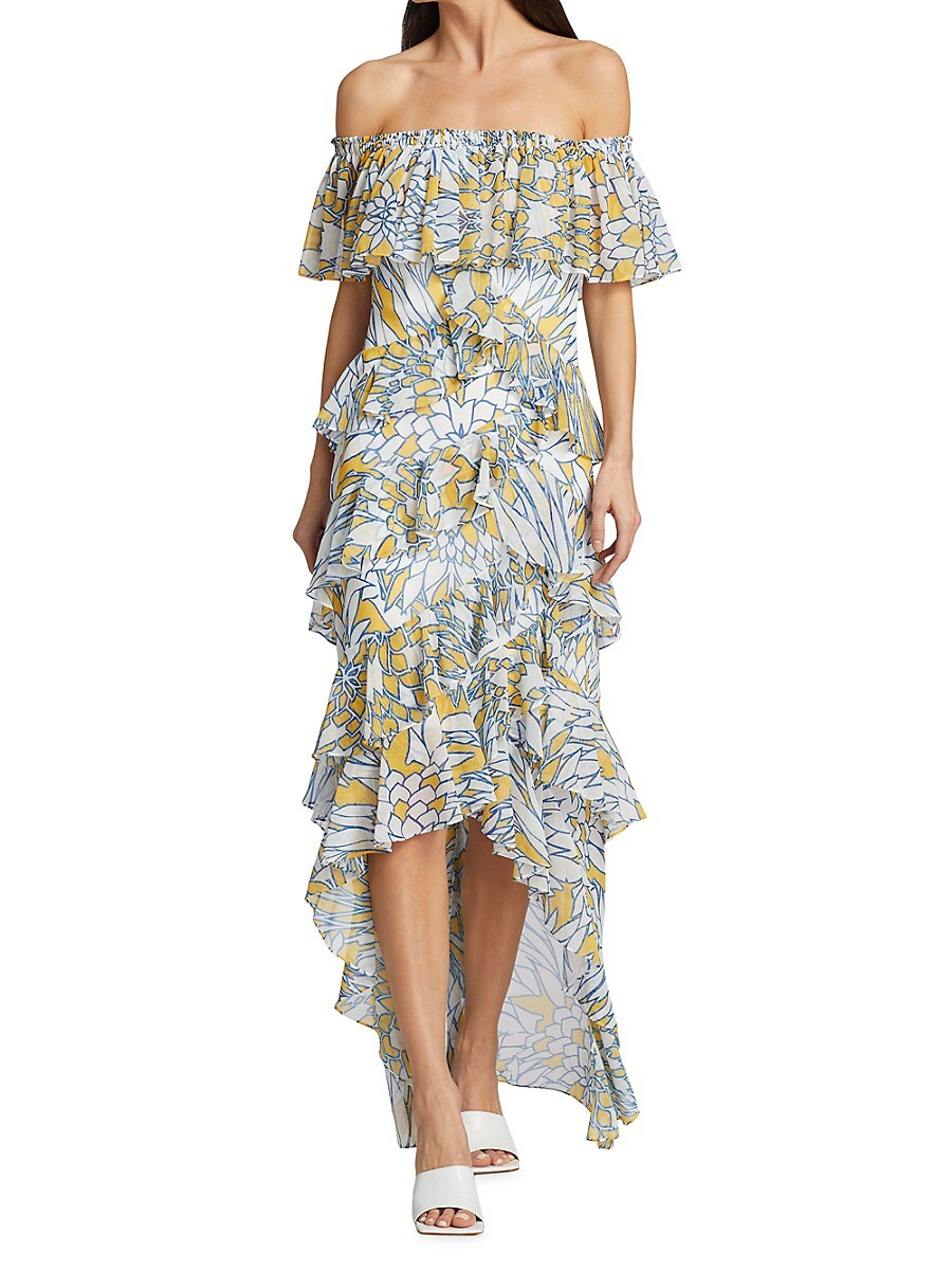 Badgley Mischka Women's Off-The-Shoulder Hi-Lo Hem Dress - White Blue - Size 2 | Saks Fifth Avenue OFF 5TH