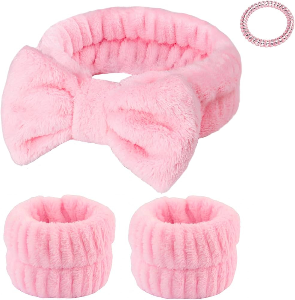 Fmeida Spa Headband and Wrist Band Set for Face Washing Skin Care Headband Pink Hairband 3 Pack | Amazon (US)