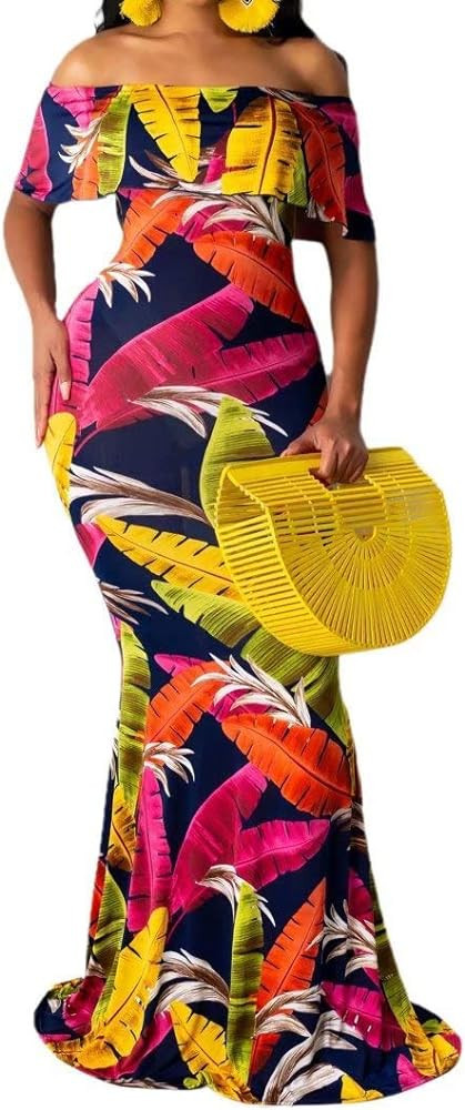 Womens Vintage Ruffle Floral Printed Off Shoulder Bodycon Long Party Maxi Dress | Amazon (US)