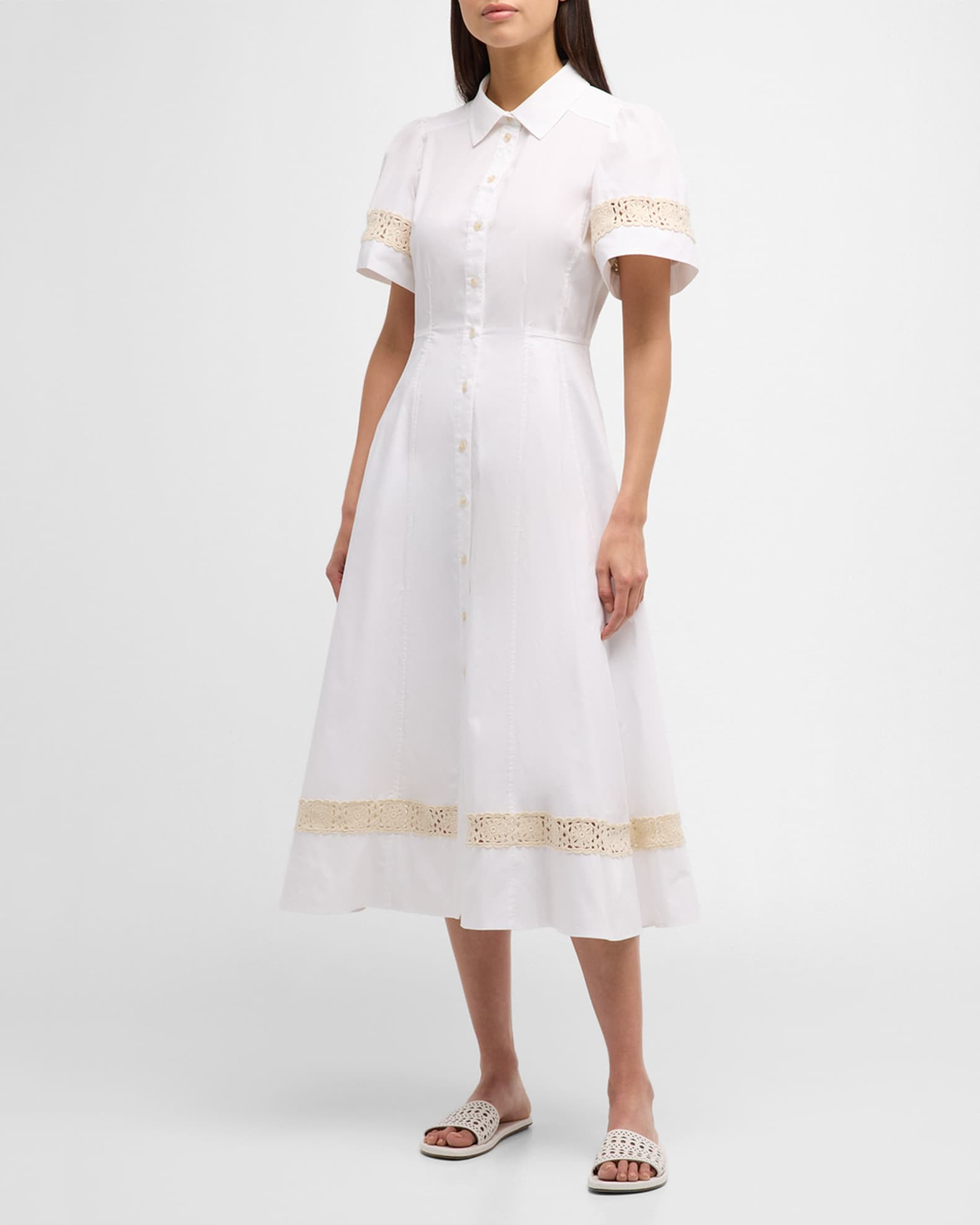 Tanya Taylor Carlton Short-Sleeve Crochet-Trim Midi Shirtdress | Neiman Marcus