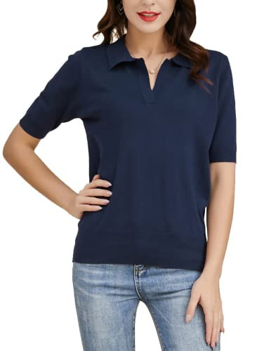 Kate Kasin Women Polo Sweater Short Sleeve Ribbed T Shirt V Neck Loose Casual Knitted Pullover Tops Navy Blue 2XL | Amazon (US)