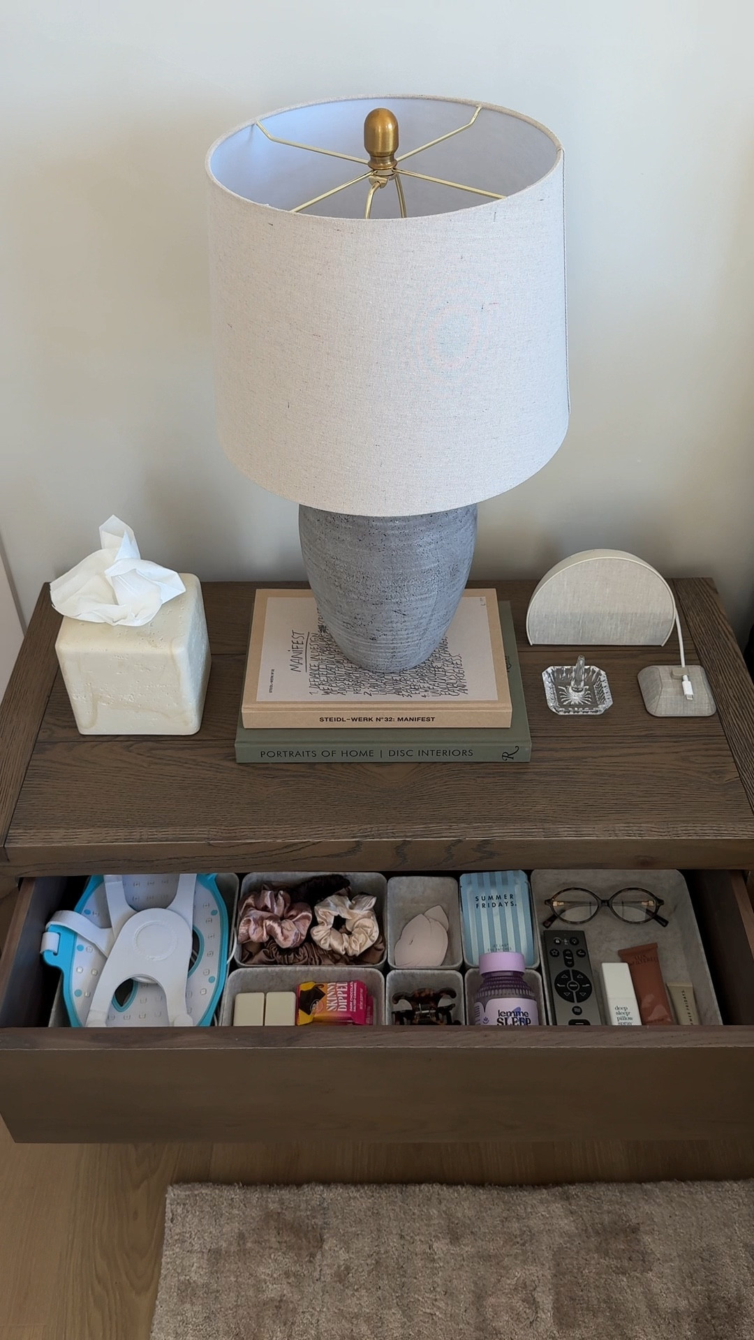 Nightstand organization finds! 

Nightstand essentials, Bedside setup, organization, home finds, nightstand staples, summer Fridays, red light, lemme gummies, home essentials