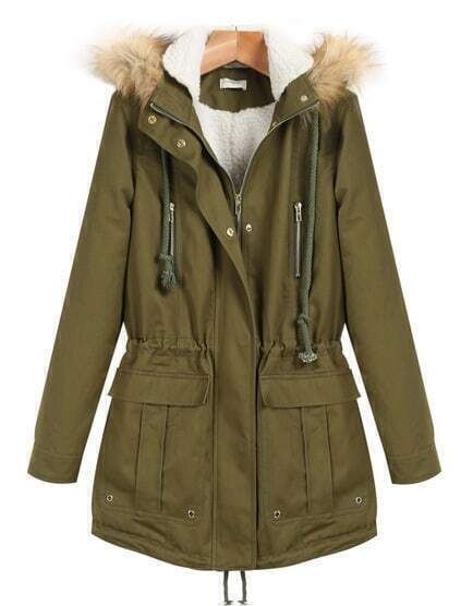 Green Faux Fur Hooded Long Sleeve Zipper Drawstring Coat | Romwe