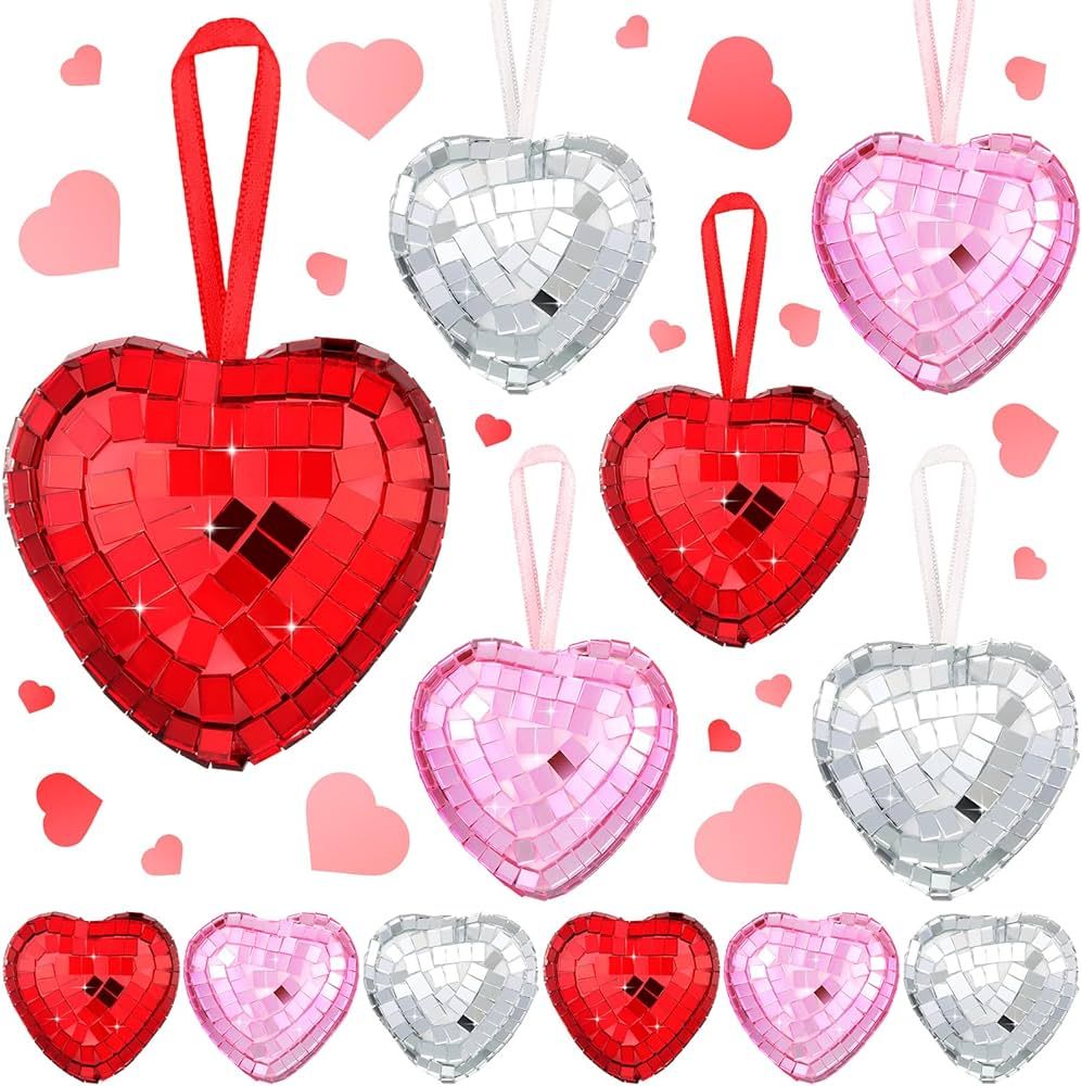 Ferraycle 12 Pcs Valentine's Day Heart Shaped Disco Balls Mirror Disco Ball Decor Red Silver Pink... | Amazon (US)