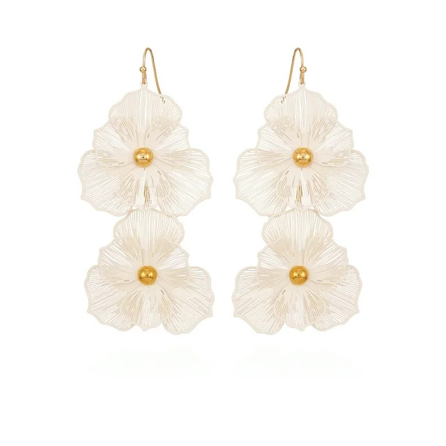 Time and Tru Women's Goldtone and Cream Flower 3D Wire Earrings | Walmart (US)