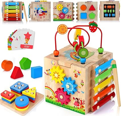 HELLOWOOD Wooden Baby Activity Cube, 8-in-1 Montessori Toys for 1+ Year Old Girls & Boys, Learnin... | Amazon (US)
