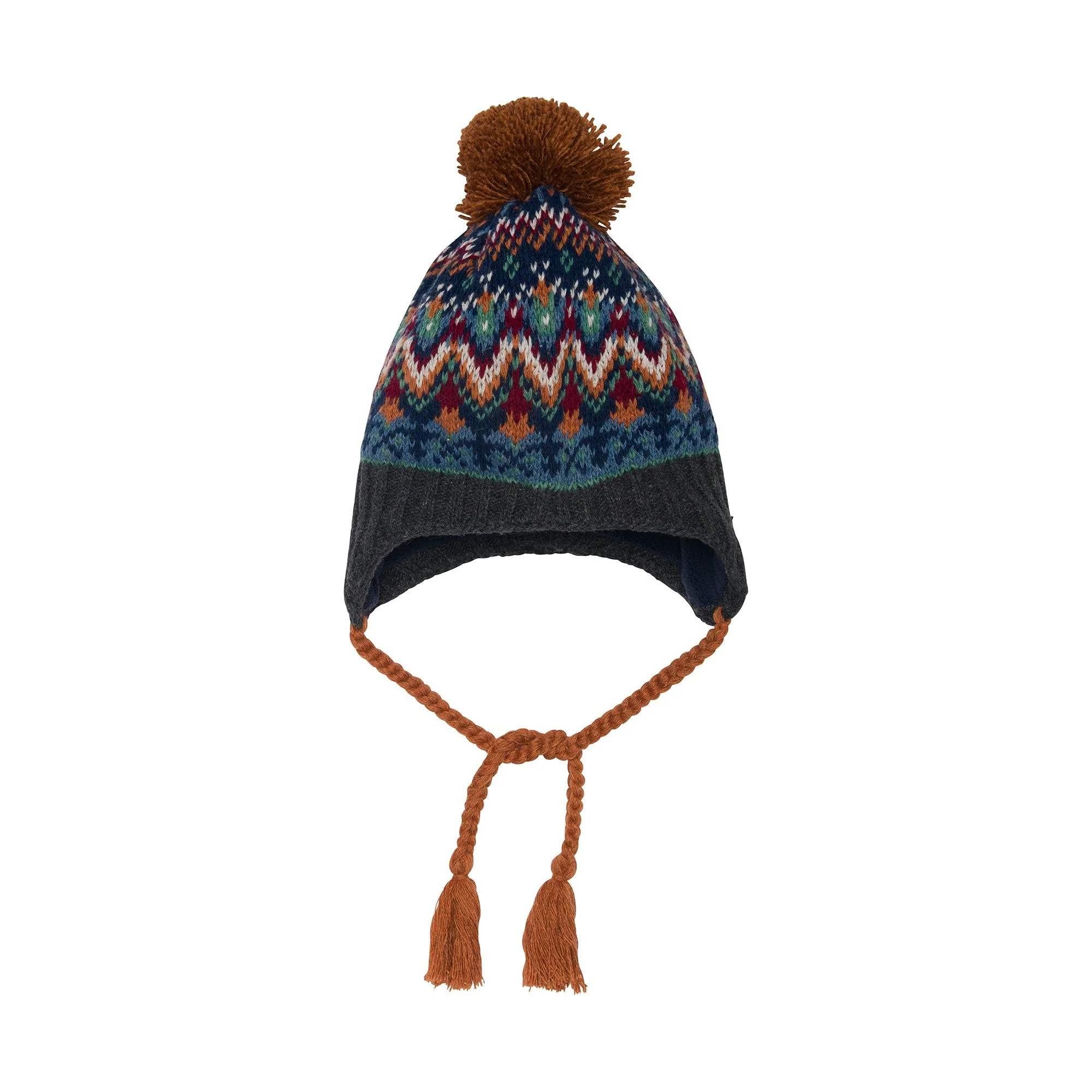 Jacquard Earflap Knit Hat Grey, Blue And Brown | Deux par Deux Childrens Designer Clothing