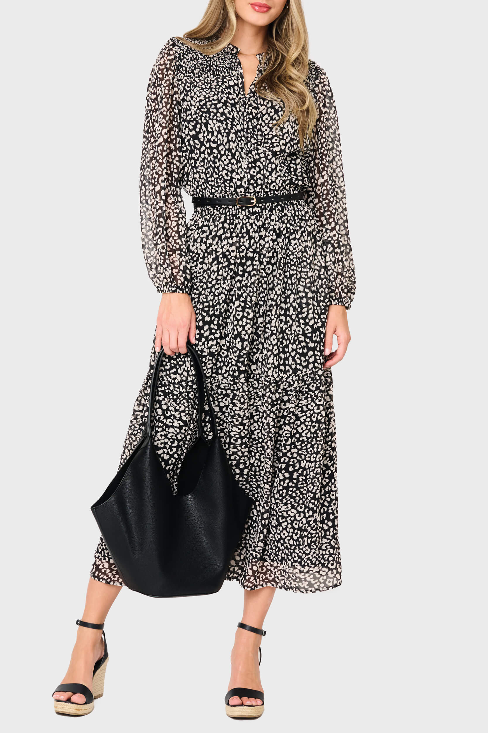 The Leyla Smocked Maxi Dress | Black Animal Print | Gibson