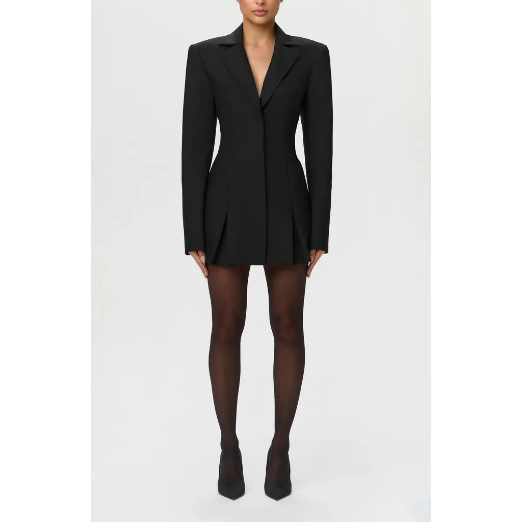 Naked Wardrobe Pleated Long Sleeve Suiting Blazer Minidress in Black at Nordstrom, Size Large | Nordstrom