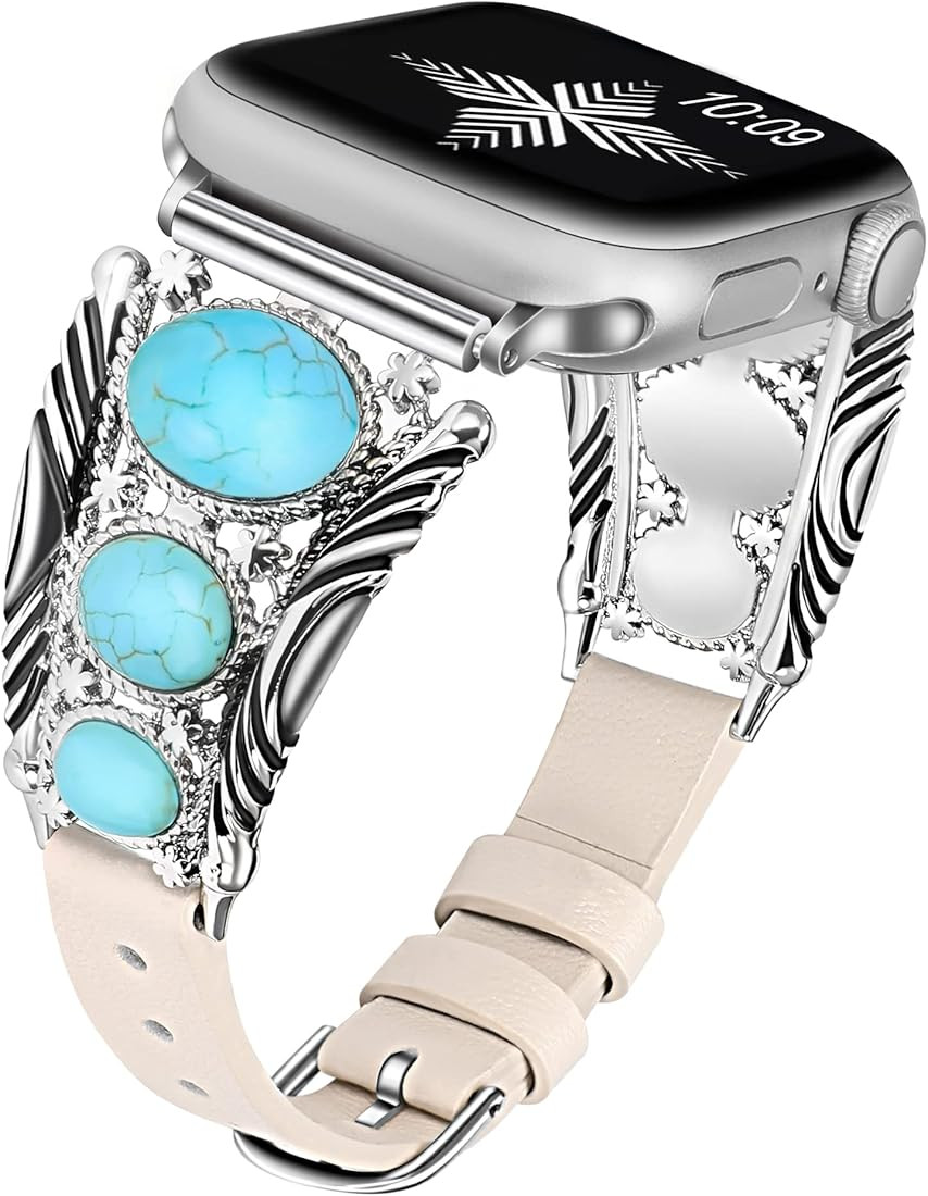 Minyee Leather Band Compatible with Apple Watch Band 49mm(Ultra) 45mm 44mm 42mm, Turquoise Apple Wat | Amazon (US)