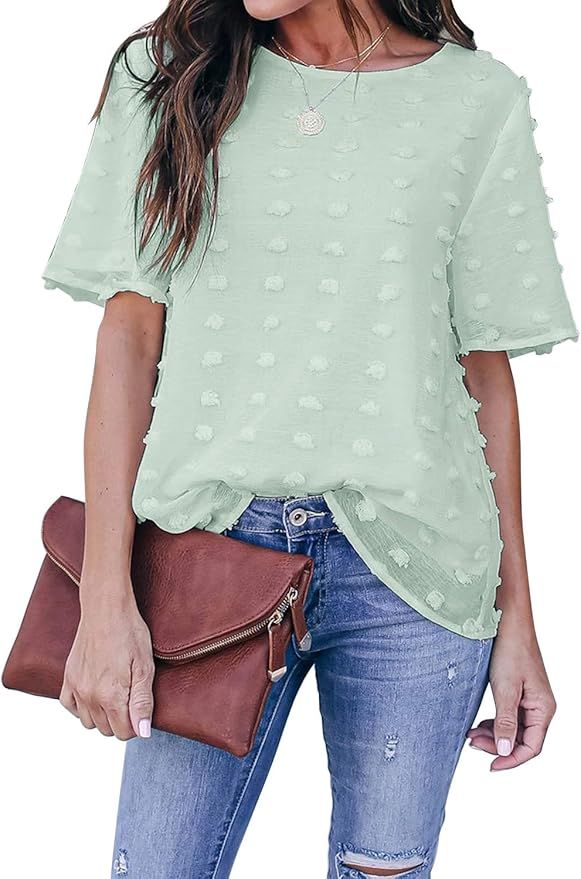 Blooming Jelly Womens Chiffon Blouse Summer Casual Round Neck Short Sleeve Pom Pom Shirts Top | Amazon (US)