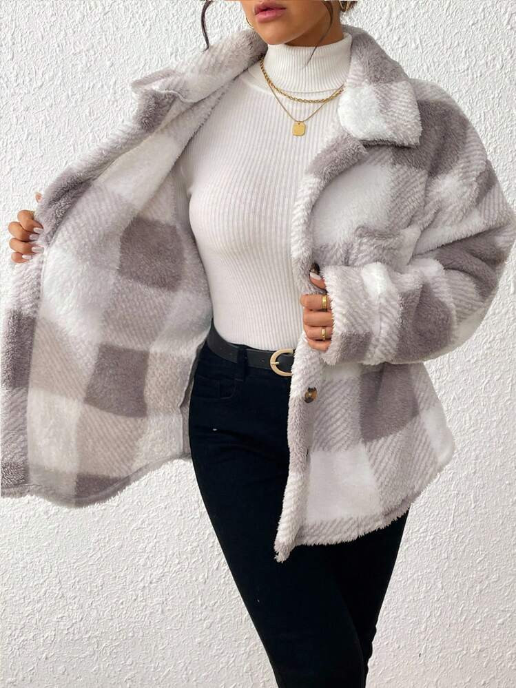 INAWLY Plus Size Plaid Print Pocket Front Button Long Sleeve Jacket, Autumn/Winter Fall Cloth For Women | SHEIN