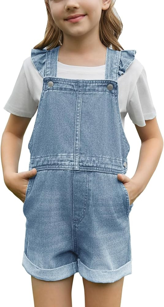 Haloumoning Girls Ruffle Denim Bib Overall Shorts Kids Summer Rompers Jumpsuits Outfit 5-14 Years | Amazon (US)