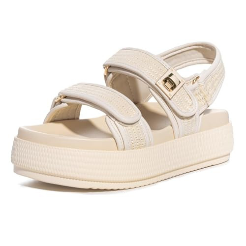 FITORY Women Platform Sandals Comfortable Open Toe Beach Shoes with Adjustable Buckle Straps for Summer Beige Size 7 | Amazon (US)
