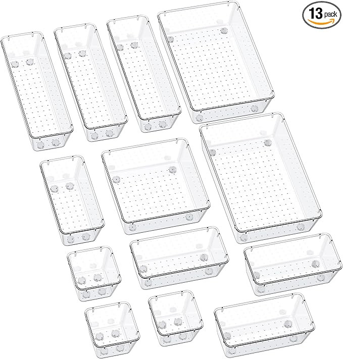SMARTAKE 13-Piece Drawer Organizers with Non-Slip Silicone Pads, 5-Size Desk Drawer Organizer Tra... | Amazon (US)