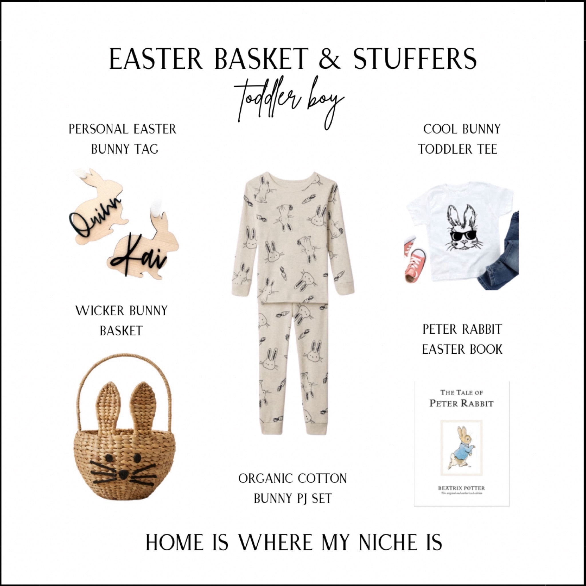 Toddler Boy Easter Basket & Stuffers
+ personal bunny basket tags
+ wicker bunny basket 
+ organic cotton bunny pj set
+ cool bunny toddler tee
+ perter rabbit Easter book

Amazon | Etsy | Canada 

#LTKkids #LTKSeasonal #LTKsalealert