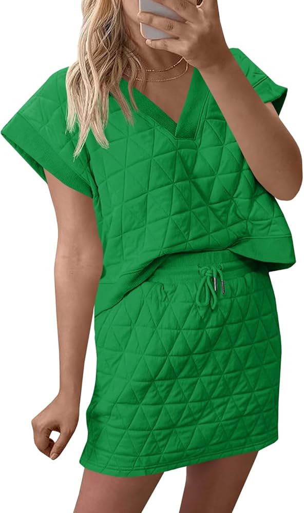 Fisoew Womens Argyle 2 Piece Outfits Skirt Sets Short Sleeve V Neck Tops and Casual Mini Skirts L... | Amazon (US)