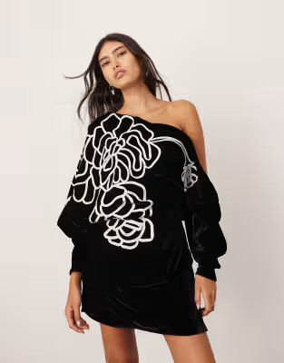 ASOS EDITION velvet linear embroidered floral slouchy shoulder mini dress in black | ASOS (Global)