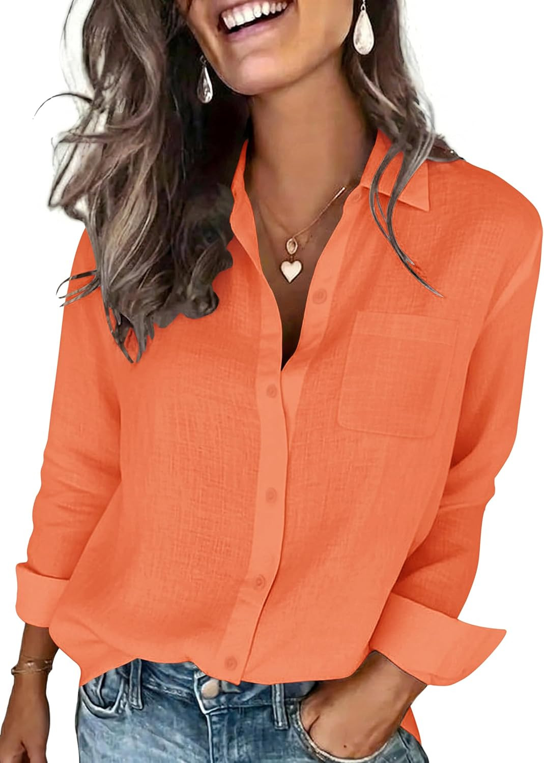 Womens Cotton Linen Textured Shirt Long Sleeve Button Down Collared Blouses Dressy Casual Gauze Tops with Pocket Breathable | Amazon (US)
