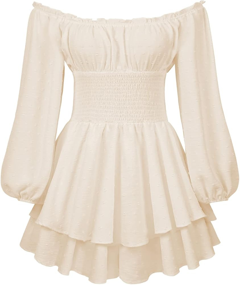 Fabumily Women Puff Sleeve Romper Off Shoulder Ruffle Dress with Shorts Long Sleeve Flowy Layered... | Amazon (US)