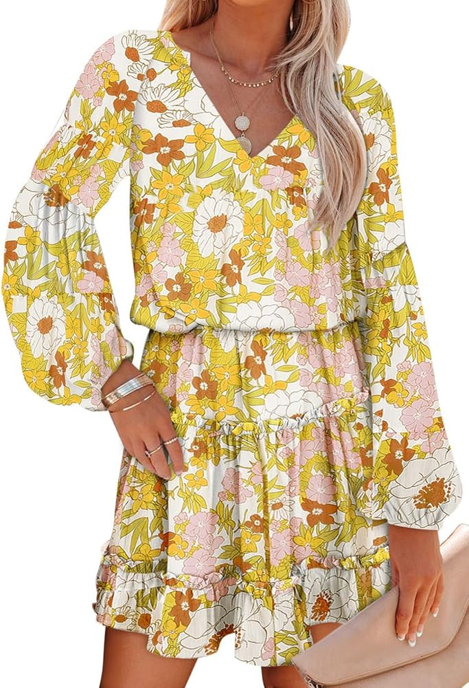 Sun Dresses for Women,2024 Spring Summer Floral Print Split V Neck Ruffle Chiffon Elegant Mini Sh... | Amazon (US)
