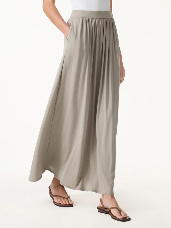Soft Linen Knit Gathered A-Line Maxi Skirt with Pockets | OGLmove