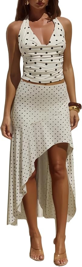 Two Piece Skirt Set - Polka Dot Halter Cowl Neck Crop Top and Midi Skirts Sets Summer Beach Vacat... | Amazon (US)