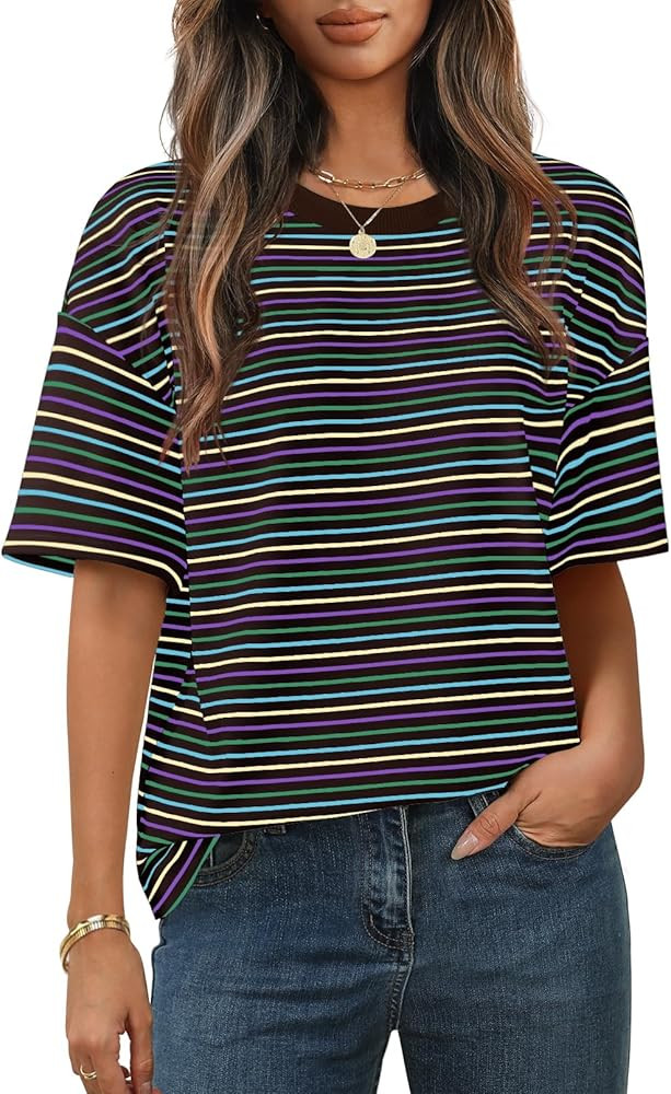 MEROKEETY Women's 2026 Summer Short Sleeve Tops Casual Colourful Striped Crewneck Loose Work T Sh... | Amazon (US)