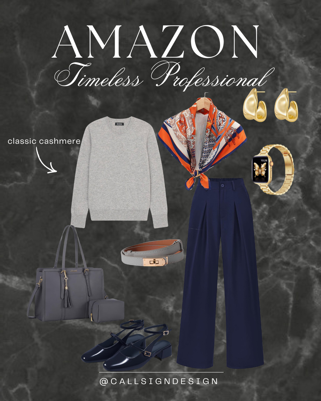 Timeless pieces for professionals! A class cashmere sweater, navy trousers and flats, and gold details create a comfortable and polished look. 

 #LTKdayinmylife #LTKgrwm #LTKootd