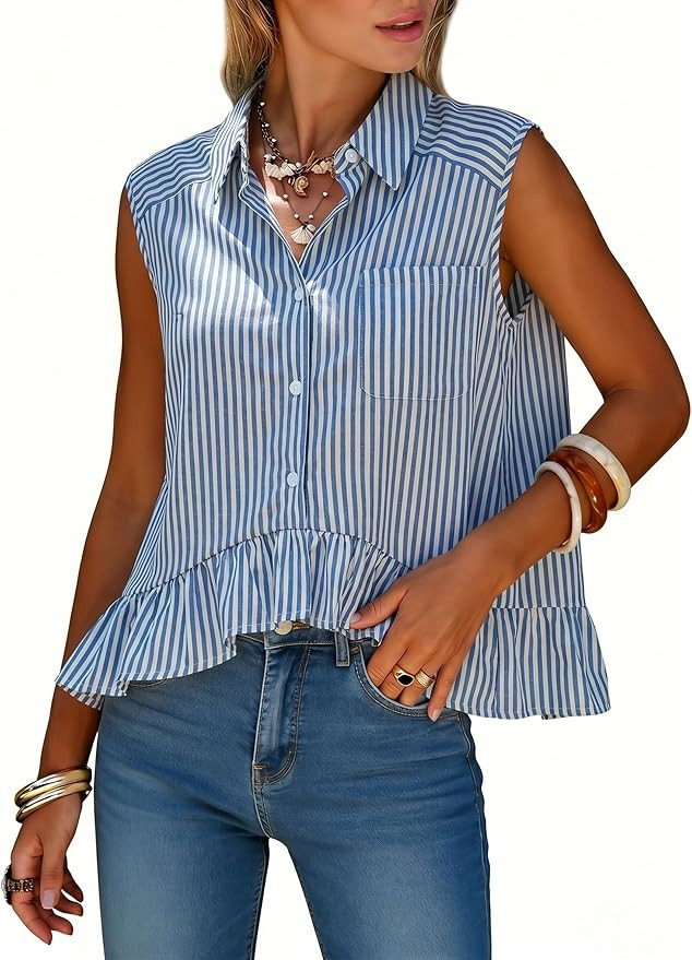 Women Summer Top 100% Cotton Faux Linen Sleeveless Shirts Cropped Peplum Tops Casual Striped Work... | Amazon (US)