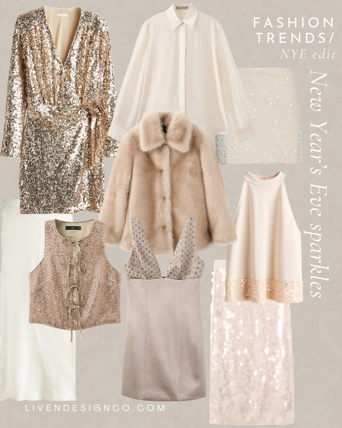 New Year's Eve style inspiration. Holiday party oufit. Metallic outfit. Sparkle pants. Sequin pants. Gold top. Silver top. Blazer. NYE. Leather pants. Sequin mini dress. Asymmetrical top. Cream satin skirt.  Gold sequin dress. Fur coat. Sheer sequin blouse shirt. Cream sequin skirt. 

#LTKHoliday #LTKSaleAlert #LTKSeasonal