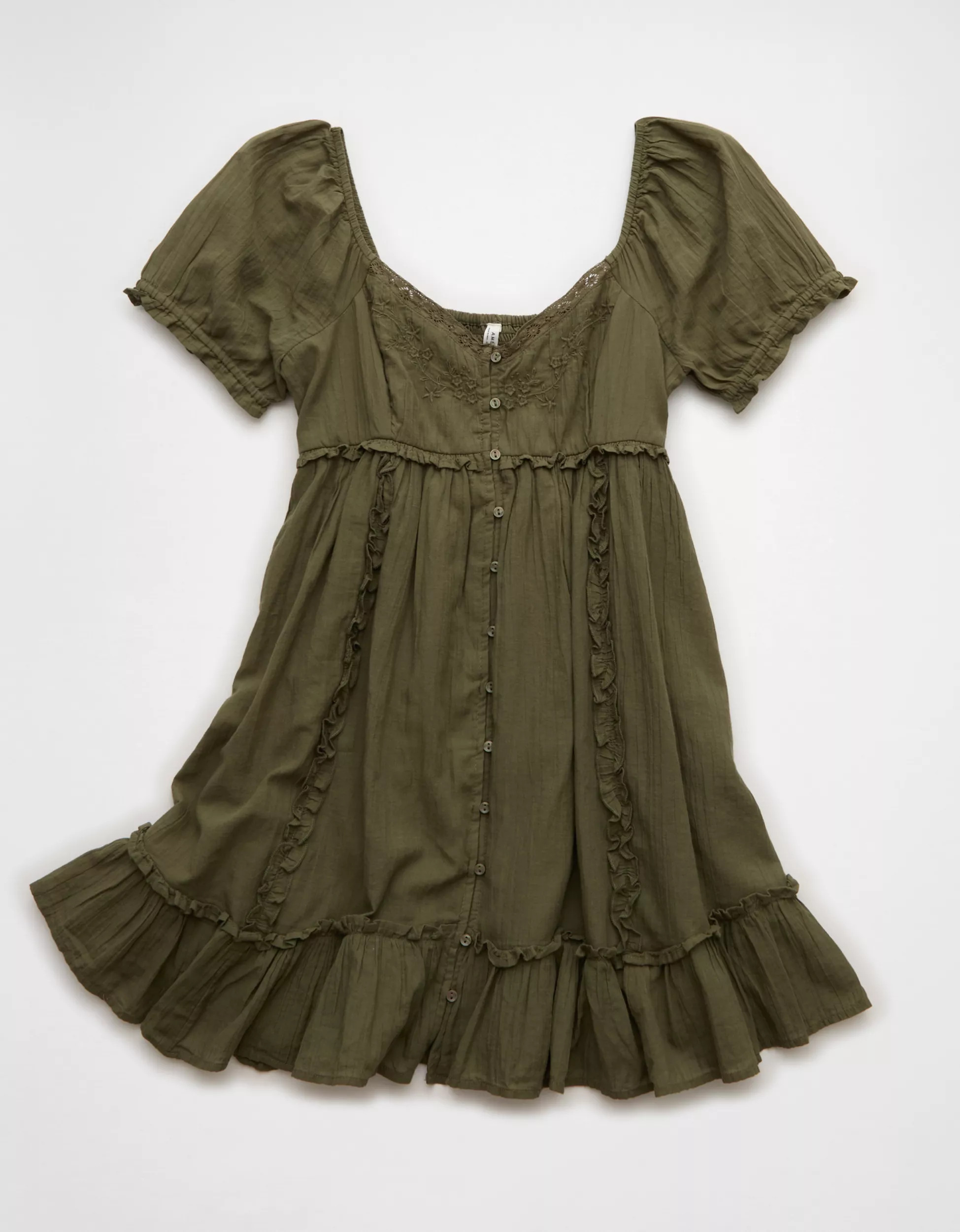 AE Puff-Sleeve Embroidered Mini Dress | American Eagle Outfitters (US & CA)