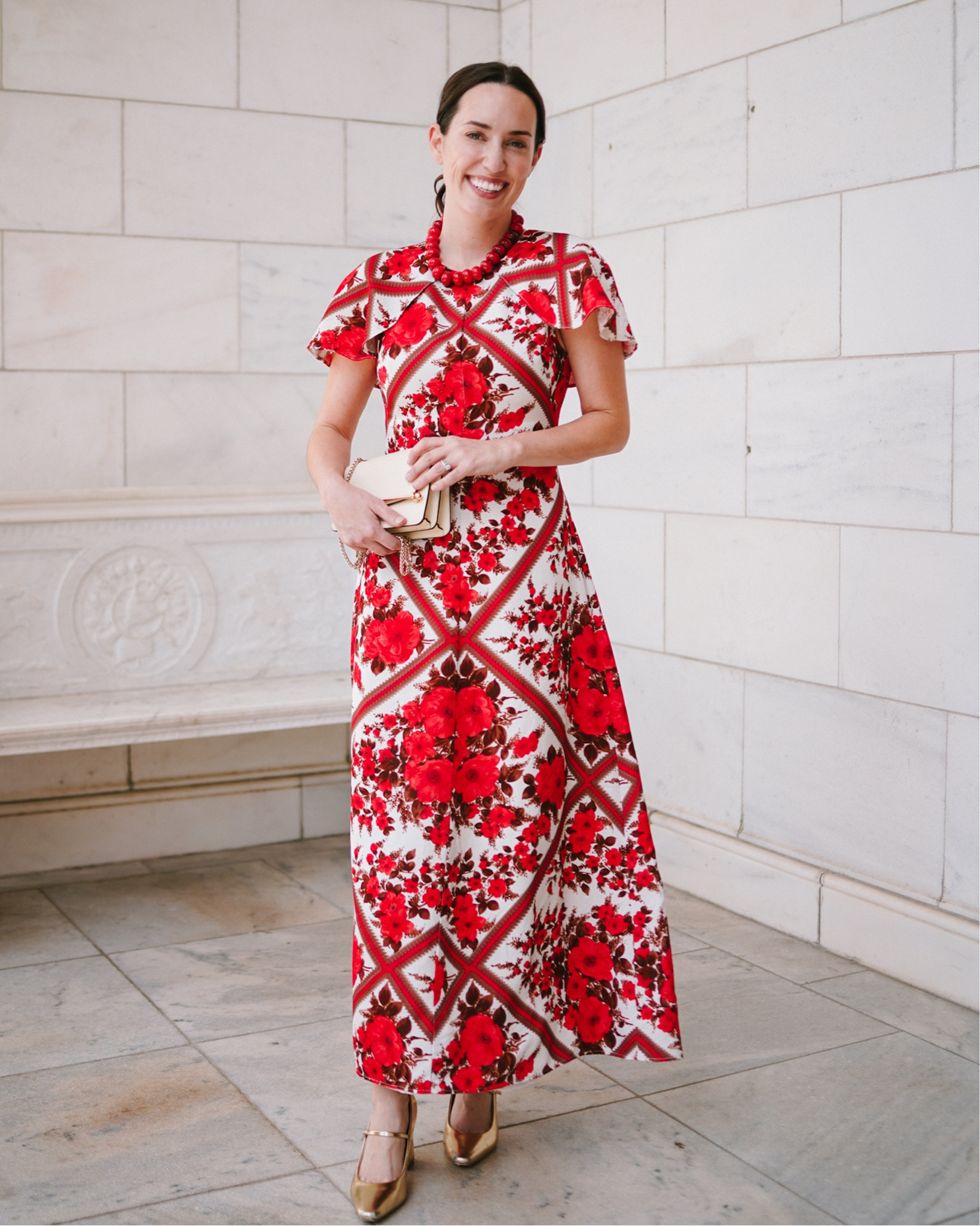 Holiday Party Dress: Christmas black tie outfit. Hill house Davina dress. 

Red and white floral dress with baublebar beaded necklace, strathberry bag and gold heels. 

#LTKWedding #LTKSeasonal #LTKHoliday