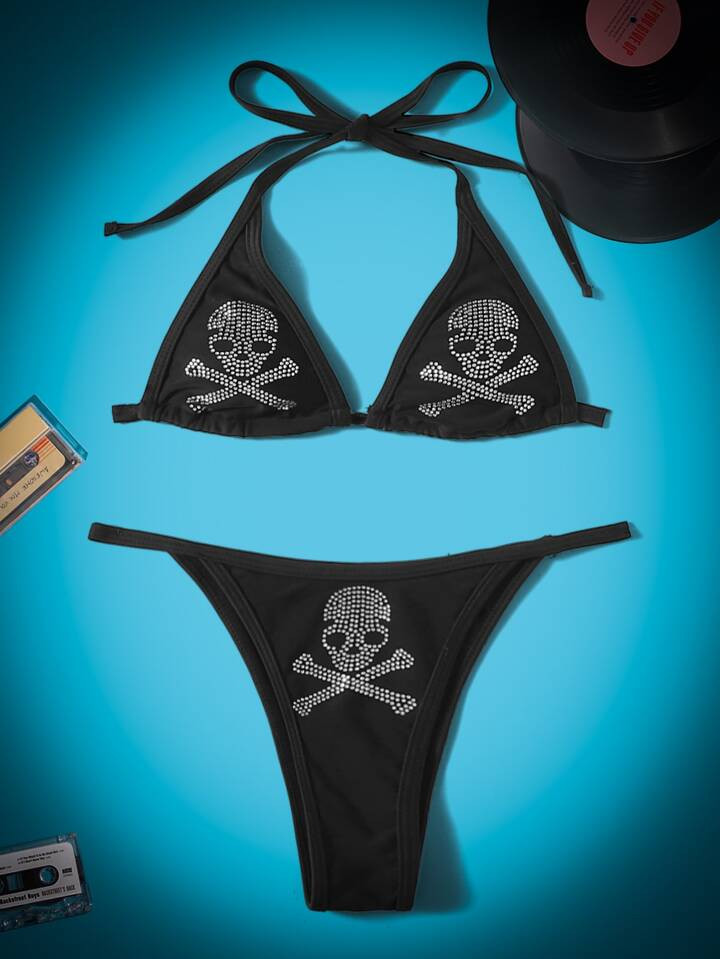 Grunge Punk Skull Rhinestone Bikini Set Triangle Bra & Thong Bottom 2 Piece Gothic Bathing Suit | SHEIN