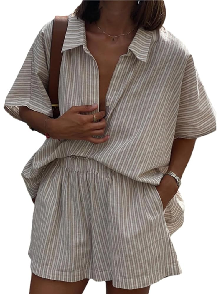 Lunoakvo Womens 2 Piece Outfits Striped Short Sleeve Oversized Button Down Collared Shirt Wide Le... | Amazon (US)