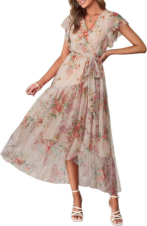 Simplee Womens Summer Floral Maxi Dress 2026 Short Sleeve V Neck Belted Mesh Hem Split Flowy Beac... | Amazon (US)