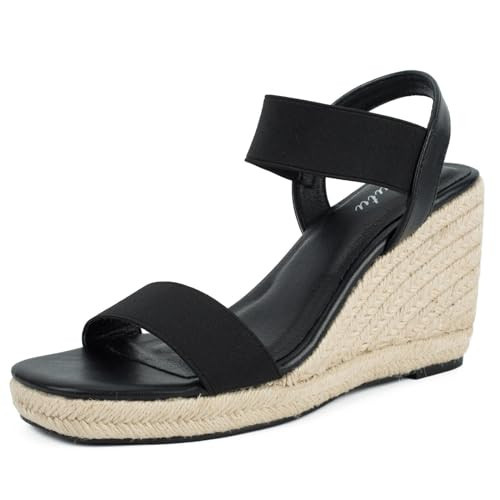 Putu Espadrille Platform Wedge Sandals for Women Square Open Toe Dressy Wedges with Elastic Ankle Strap Black 5.5 | Amazon (US)