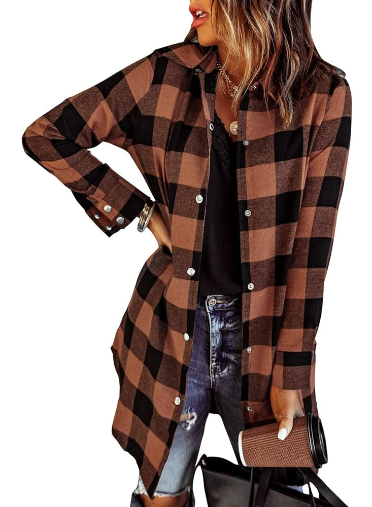 EVALESS Color Block Plaid Shacket Jacket Womens Fall Clothes Fashion Outfits | Amazon (US)
